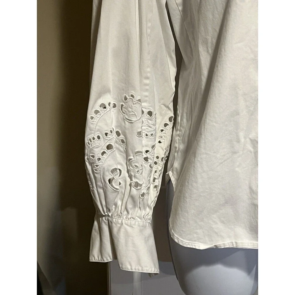Kate Spade New York Poplin Cutwork Shirt White Button Down Eyelet Sleeve Size 8